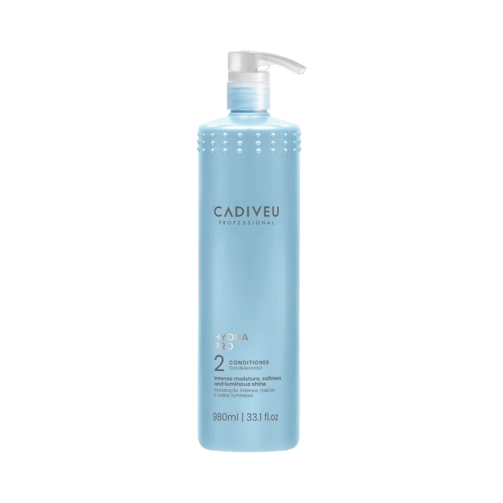 Frasco azul claro de condicionador Cadiveu Hydra Pro com bico aplicador prateado